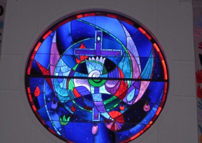 A stained glass window in a church.
